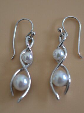 Majorica Pearl Sterling Silver Double Drop Earrings Signed 1.5"